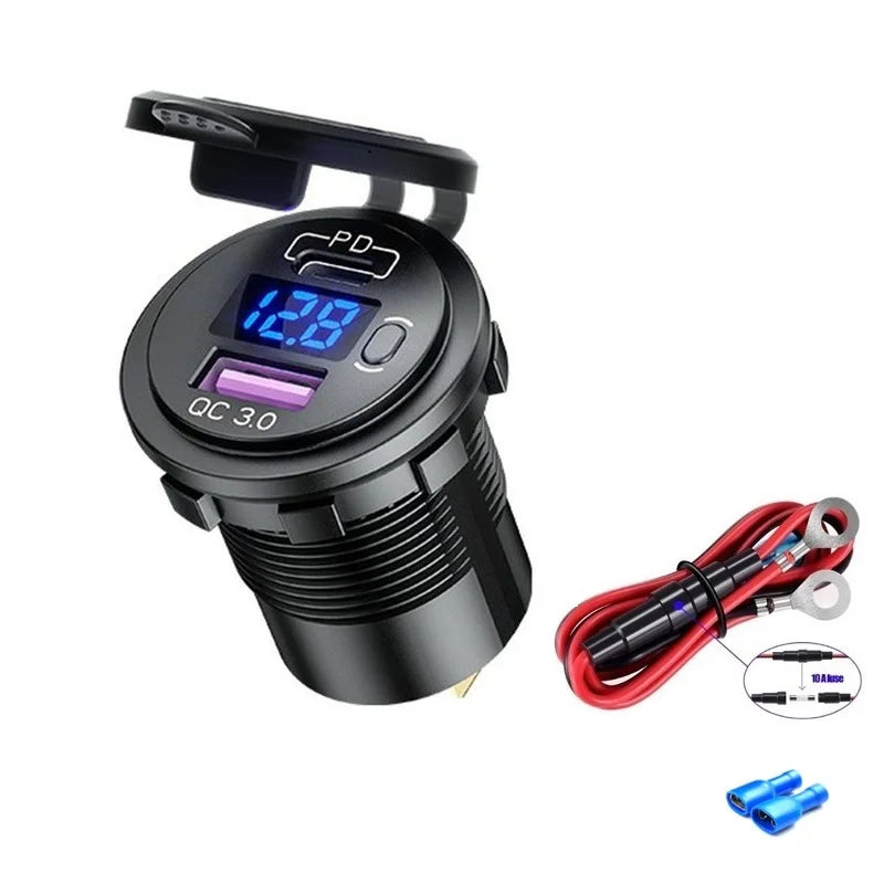 60W PD Type C/QC 3.0 USB Charger with button Switch LED Voltmeter Power Outlet Fast Charging for 12V 24V Car Truck Motorcycle RV