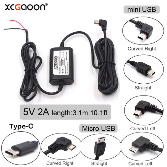 DC 12V to 5V 2A 3.1M Car Charge Cable Mini / Micro / Type-C USB Hardwire Cord Auto Charging for Dash Cam Camcorder Vehicle DVR