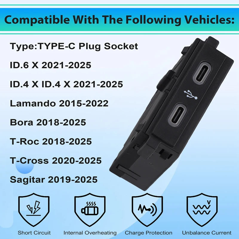 Front Console USB Ports TYPE-C Plug Socket For VW ID4 ID6 T-Roc 2GD035736 11D035736