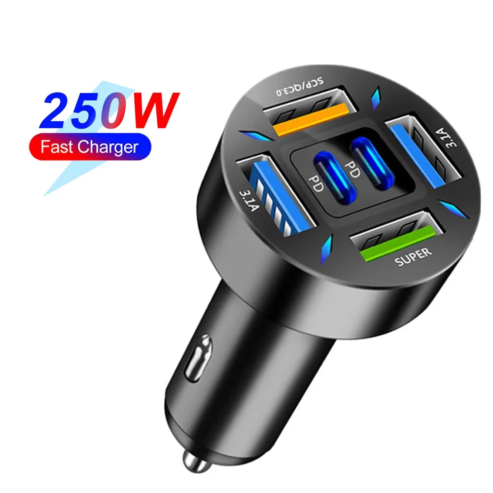 250W PD Car Charger QC3.0 Fast Charge 6-in-1 Car Cigarette Lighter Plug 5 Port Car Charger Flash Charge with Digital Display