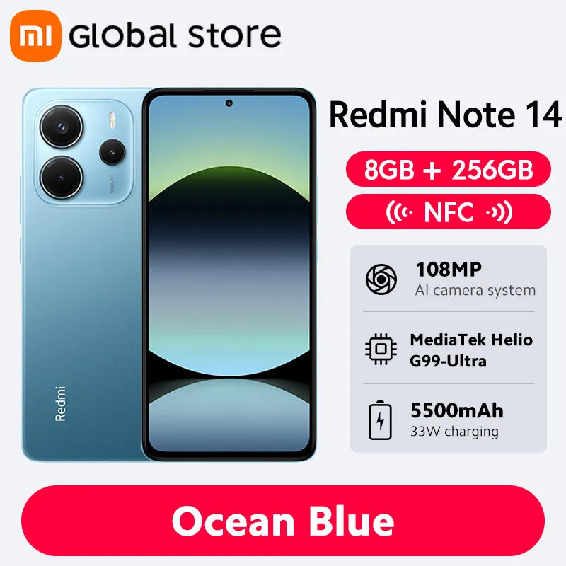 New Global Version Xiaomi Redmi Note 14 Smartphone 128GB / 256GB ROM MediaTek Helio G99-Ultra 33W120Hz AMOLED 108MP 5500mAh