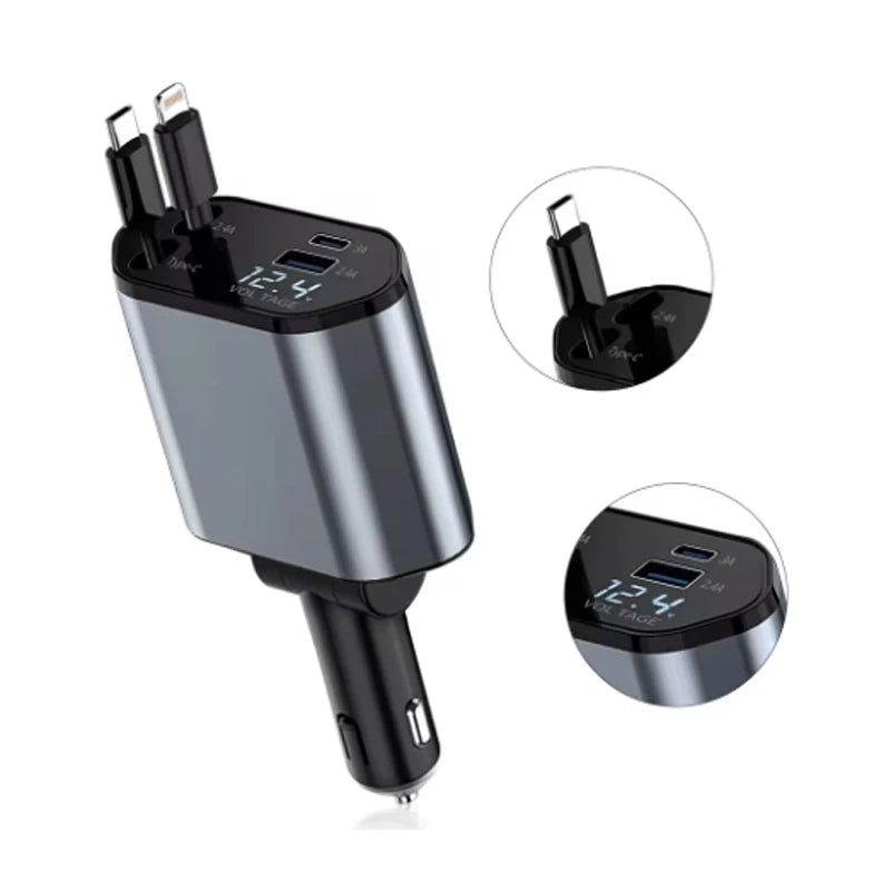 4 in 1 120W Car Charger Retractable Car Cigarette Lighter Adapter USB Type C Fast Charger Cable For IPhone Xiaomi Huawei Samsung