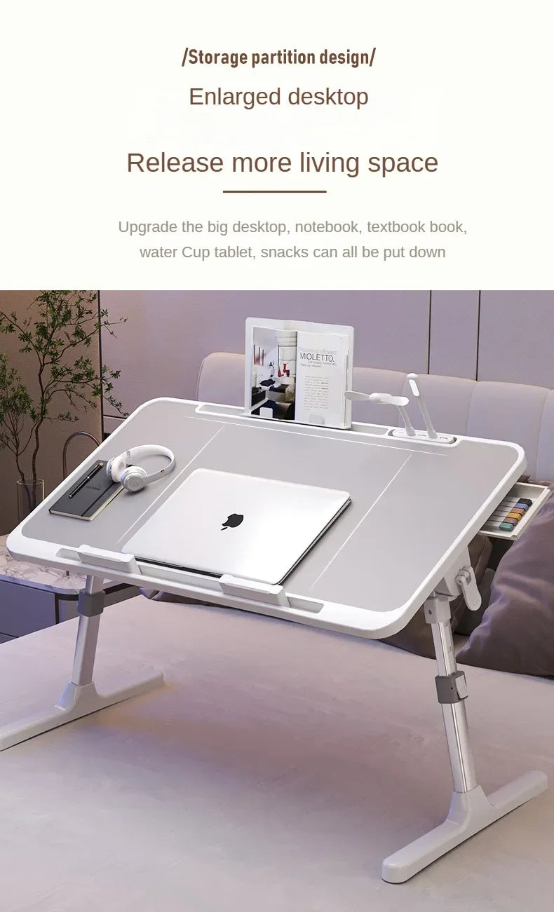 Foldable Lift Laptop Desk for Bed with Radiator Adjustable Stand Lap Table Breakfast Tray Desk with Drawer for Working Gaming