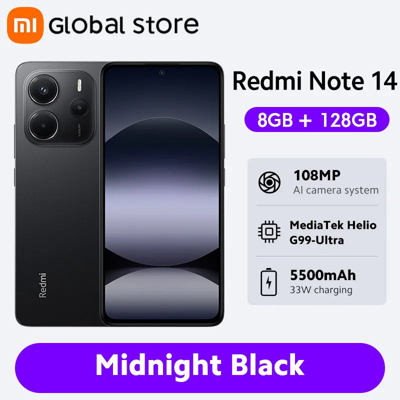 New Global Version Xiaomi Redmi Note 14 Smartphone 128GB / 256GB ROM MediaTek Helio G99-Ultra 33W120Hz AMOLED 108MP 5500mAh