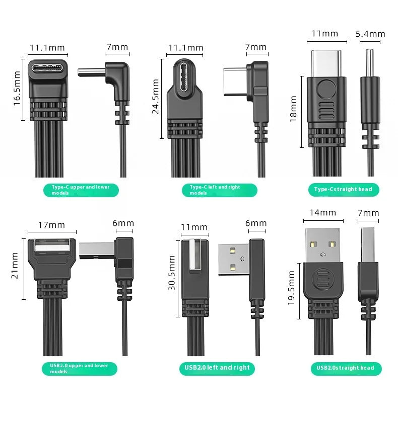 USB to TypeC data cable with left and right bend wires 2.0 transmission, 2A power supply, TypeC flat silicone cable