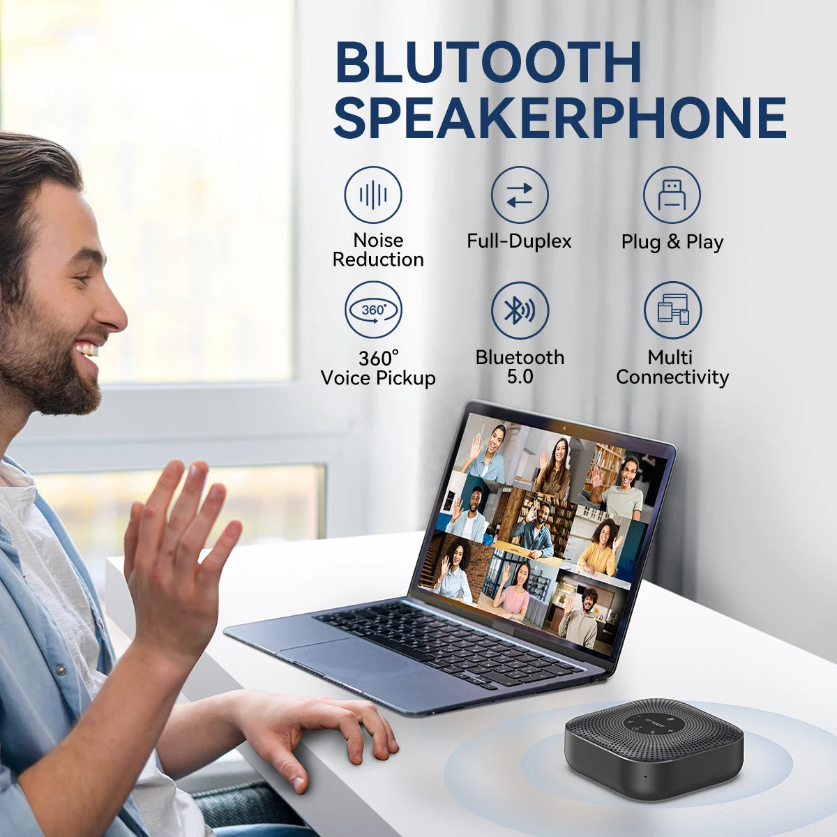 EMEET Speakerphone Wireless Conference Speaker 360° Voice Pickup Meeting Microphone With 4 Noise Cancelling Mics for Office/Home