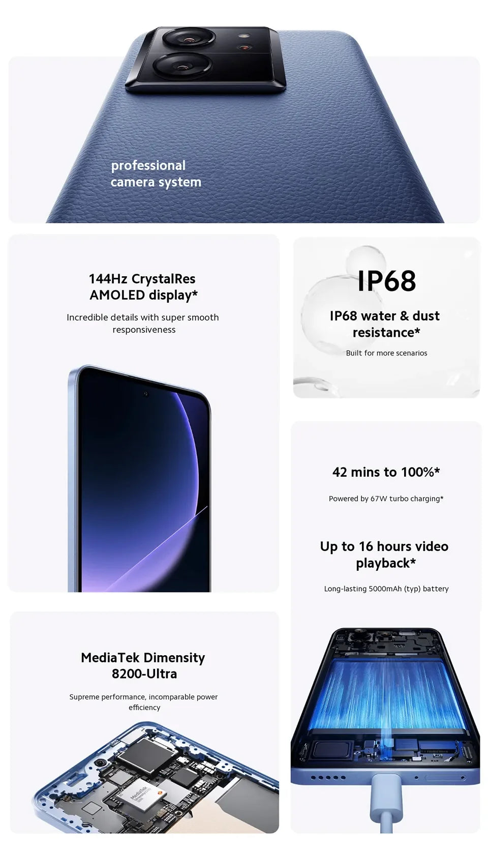 Global Version Xiaomi 13T Smartphone MTK Dimensity 8200-Ultra 50MP Camera IP68 6.67" 144Hz AMOLED Display 67W charing BT 5.4