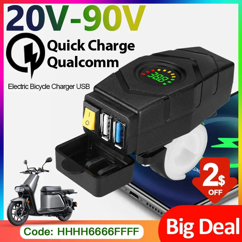 28W QC3.0 Quick Charge Usb Charger Waterproof E-Bike 20V-90V Electric Bike Motorcycles Scooter 36V 48V 72V Voltmeter Switch