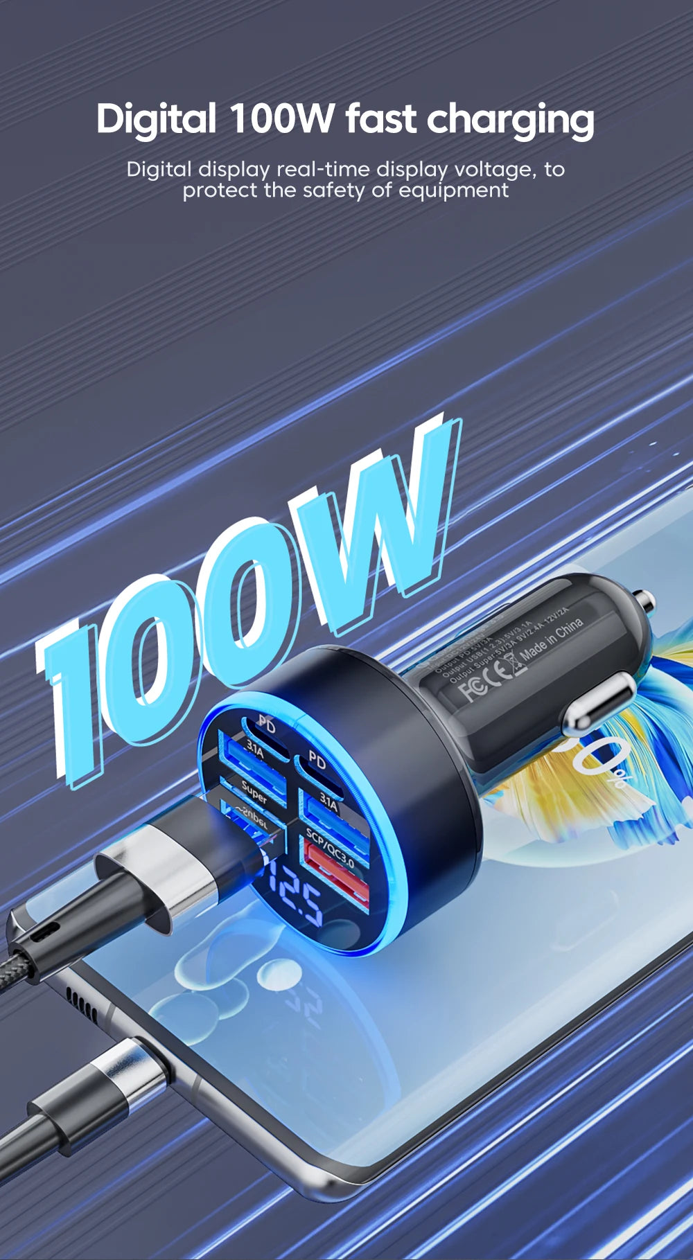 100W 6 Ports Car Charger Fast Charging USB Type C Car Lighter PD QC3.0 Car Phone Charger For iPhone Samsung Huawei Xiaomi