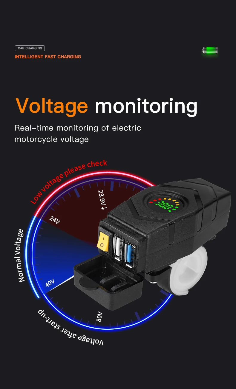 28W QC3.0 Quick Charge Usb Charger Waterproof E-Bike 20V-90V Electric Bike Motorcycles Scooter 36V 48V 72V Voltmeter Switch