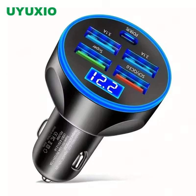 250W 5 in 1 USB Car Charger Type C PD 12V Cigar Jack Fast Charging Adapter for iPhone 12 Pro Max 14 Plus 13 Huawei Oneplus