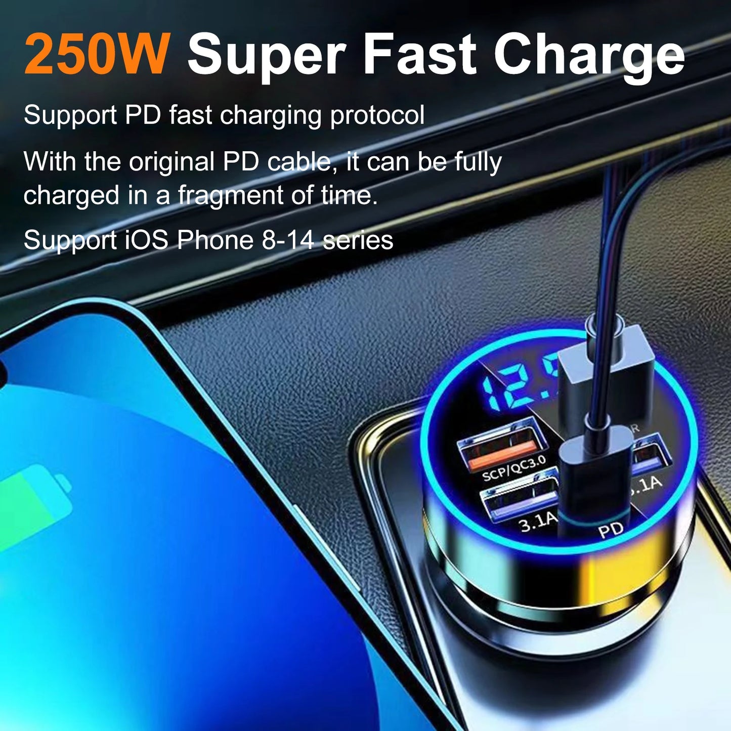 250W Fast Car Charging Adapter 4 Port USB Car Charger Type C PD for Various Smartphones Super Fast Charging Car Conversion Plug