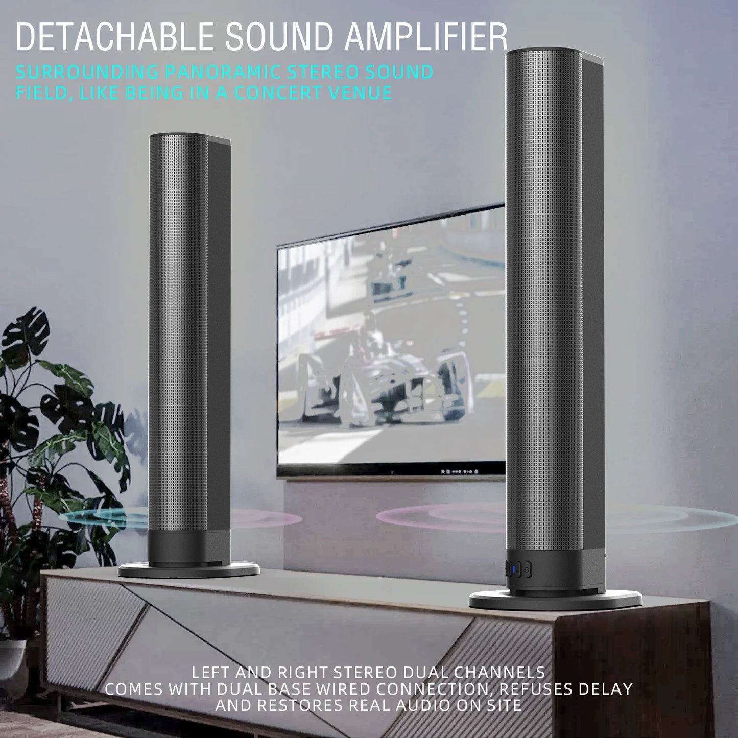 TV Soundbar Stereo 2-in-1 Detachable Bluetooth Speaker FM Radio Column Sound Bar Speaker Split 2 Speakers for Stand or Flat