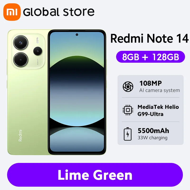 New Global Version Xiaomi Redmi Note 14 Smartphone 128GB / 256GB ROM MediaTek Helio G99-Ultra 33W120Hz AMOLED 108MP 5500mAh