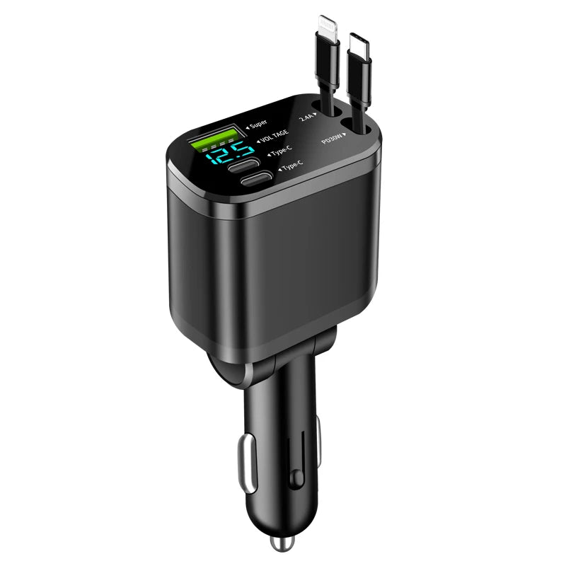 Car charger, car charger with retractable cable, car PD, car fast charging, super fast charging, flash charging, five in one cig