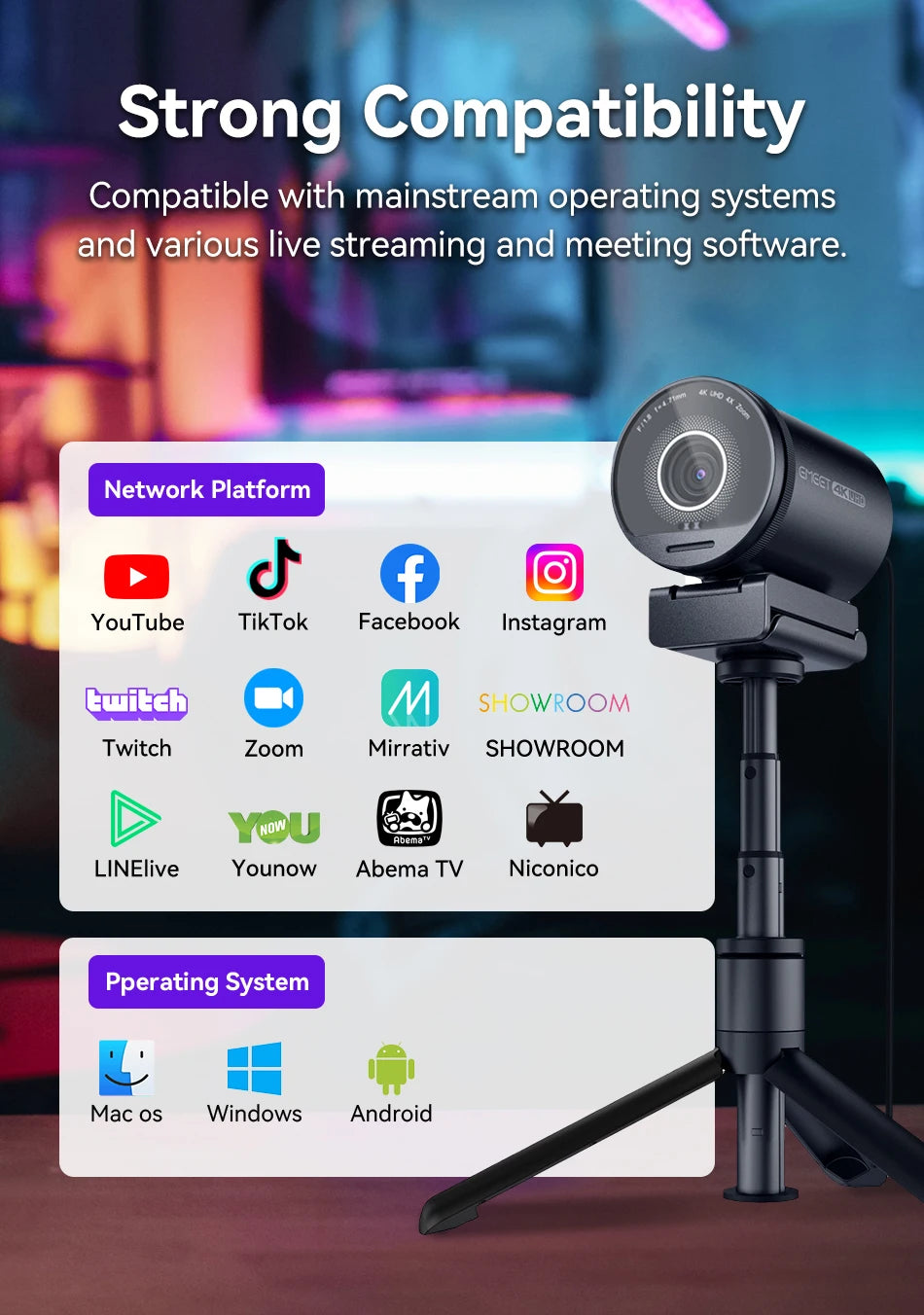 4K Webcam UHD Web Camera HDR Streaming USB Camera With Sony Sensor EMEET S800 Webcam With Dual Noise Cancelling Mics