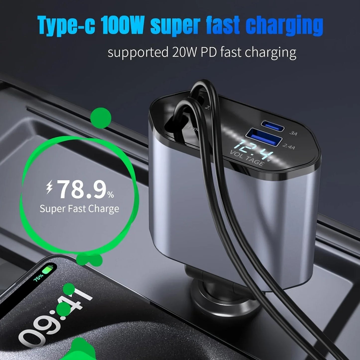 4 in 1 120W Car Charger Retractable Car Cigarette Lighter Adapter USB Type C Fast Charger Cable For IPhone Xiaomi Huawei Samsung