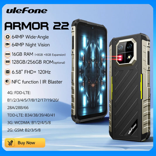 Ulefone Armor 22  Rugged Phone,16GB (8GB+8GB) RAM,128GB/256GB ROM, Android 13 Smartphone,NFC 64MP Night Vision 4G Mobile Phone