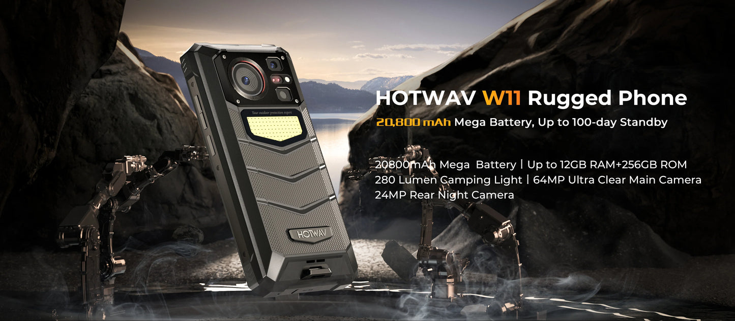 [World Premeire] HOTWAV W11 Rugged Phone 20800mAh 280LM Flashlight 6.6'' FHD+ Smartphone 33W 24MP Night Vision Mobile Phone