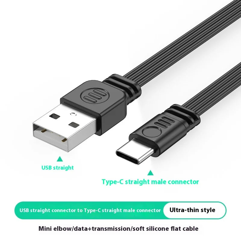 USB to TypeC data cable with left and right bend wires 2.0 transmission, 2A power supply, TypeC flat silicone cable