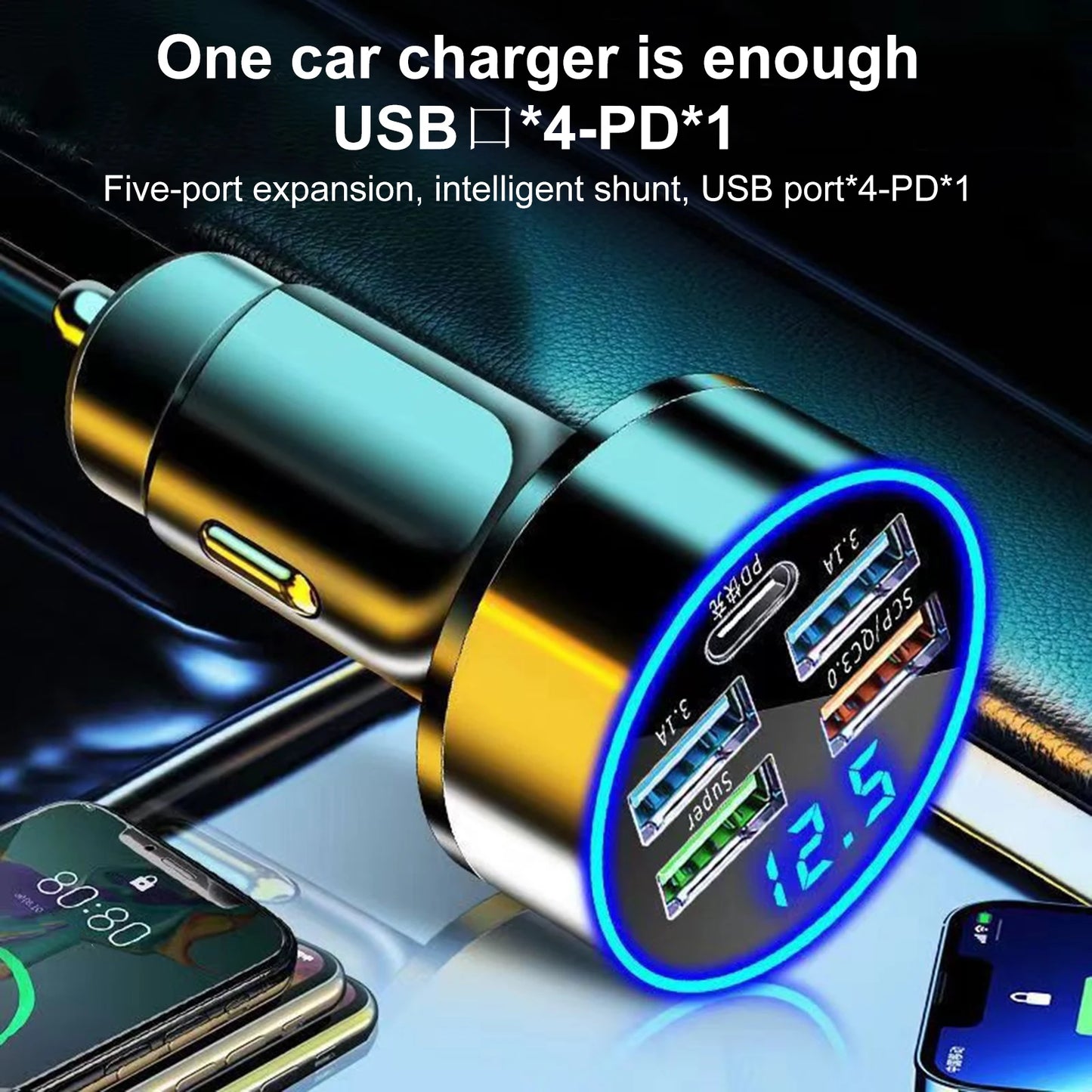 5 Ports LED Car Charger 250W Fast Charging Adapter Type C PD Mini Car Phone Charger For iphone Samsung Huawei Xiaomi