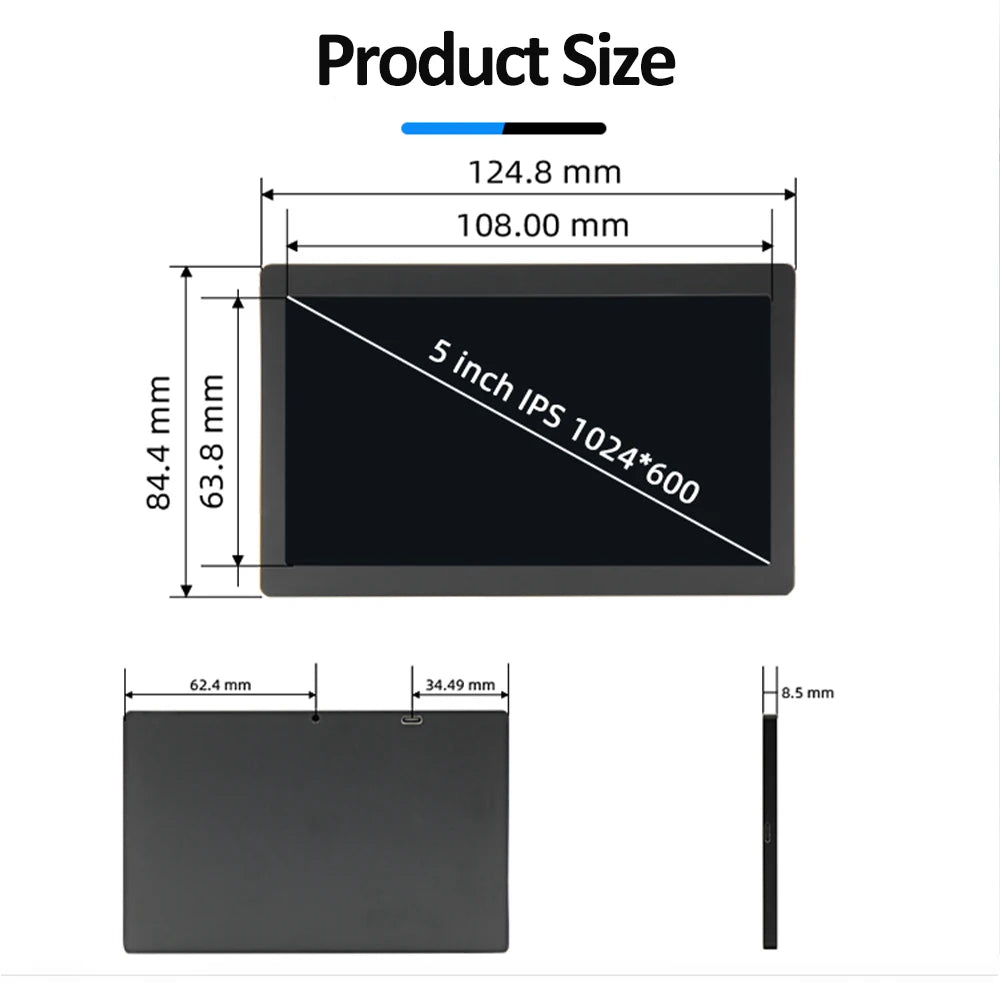 5/7 Inch IPS Type-C Secondary Screen Dynamic 1024x600 LCD Display CPU GPU RAM Monitoring Support Vertical Freely AIDA64