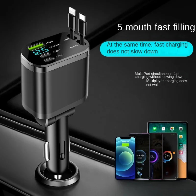 Car charger, car charger with retractable cable, car PD, car fast charging, super fast charging, flash charging, five in one cig