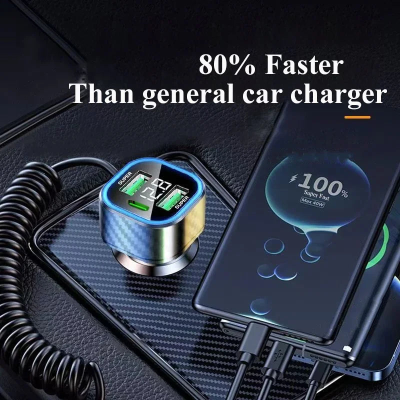 UYUXIO 5 in 1 USB C Car Phone Charger Adapter with Voltage Display Spring Cable Super Fast for iPhone 16 15 Pro Max Samsung