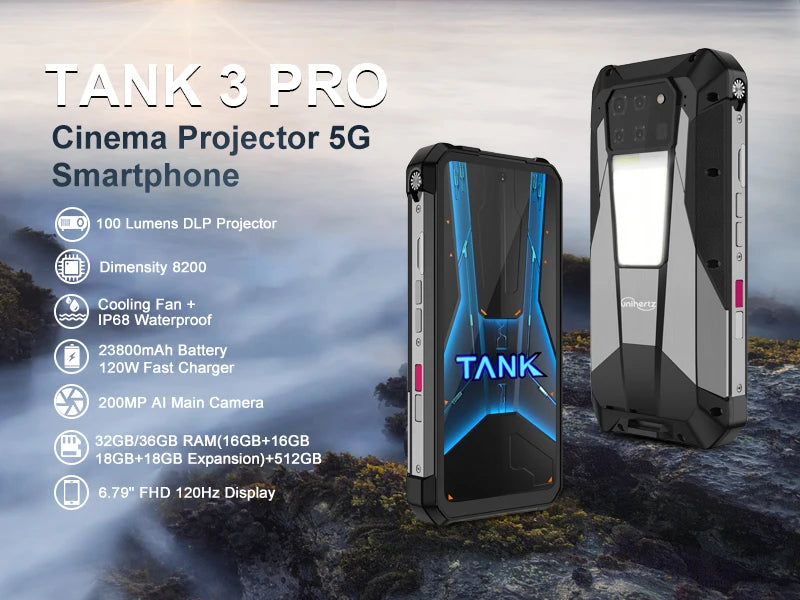 Unihertz Tank 3 Pro 8849 Rugged 5G Smartphone Android with 100 Lumens Projector 32GB 512GB 23800mAh 6.79" FHD Waterproof Phone