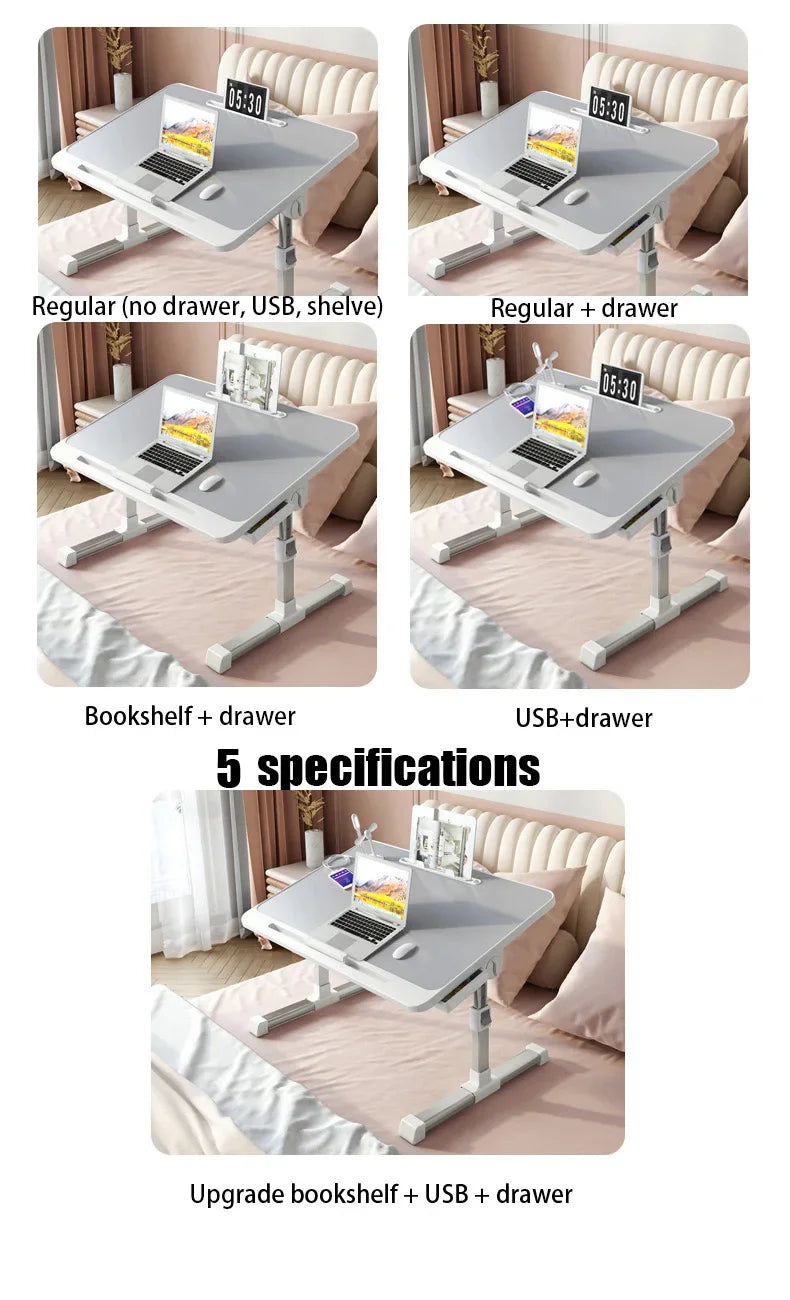 Foldable Lift Laptop Desk for Bed Adjustable Stand Portable Lap Table Breakfast Tray Desk with Drawer for Eating Working Gaming