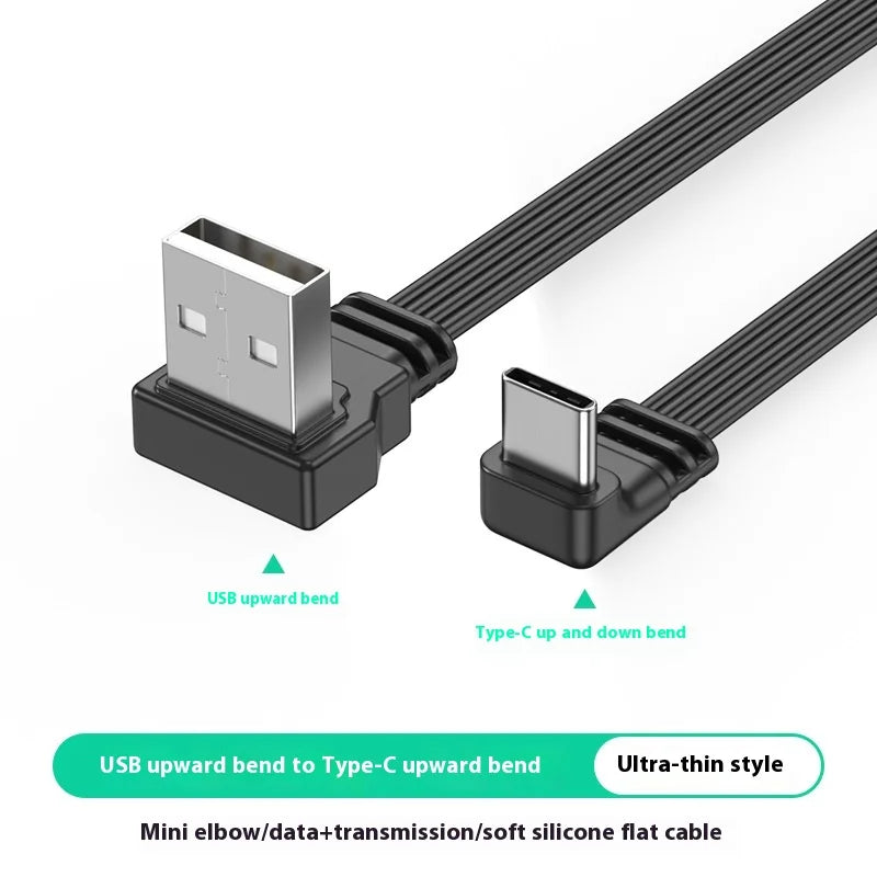 USB to TypeC data cable with left and right bend wires 2.0 transmission, 2A power supply, TypeC flat silicone cable