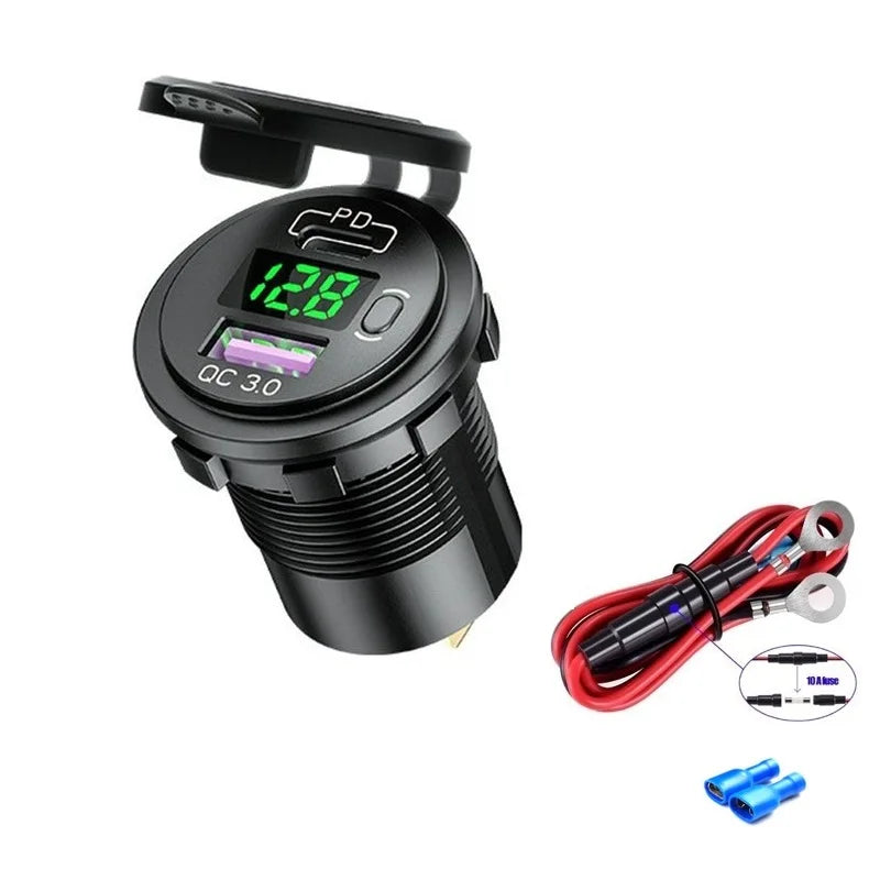 60W PD Type C/QC 3.0 USB Charger with button Switch LED Voltmeter Power Outlet Fast Charging for 12V 24V Car Truck Motorcycle RV