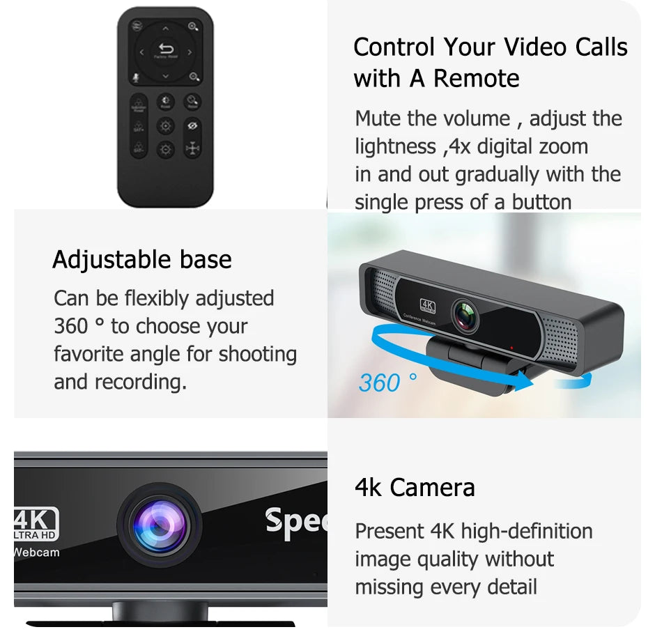 Spedal 931 HD 4K 30Fps 120 Wide Angle Webcam Wtih Microphone Remote Control Streaming PC Conferencin Windows Mac Linux