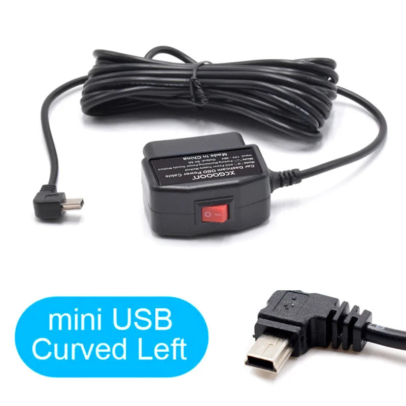 24Hours Mini Mico USB Ports 5V 3A Car Charge Cable OBD Hardwire Cord 3.5Meters With Switch For Dash Cam Camcorder Vehicle DVR