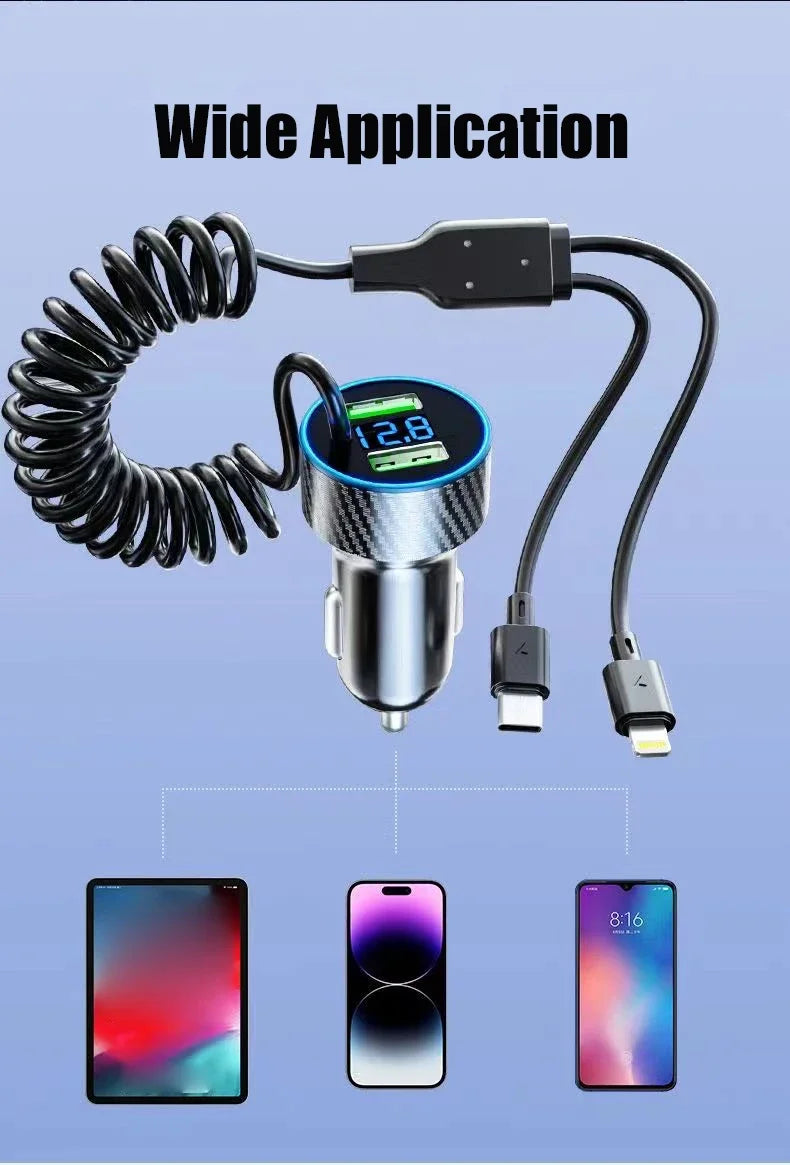 USB Car Phone Charger Adapter with Retractable Cable LED Voltage Monitor 4 in 1 Super Fast Charge for iPhone Samsung Huawei