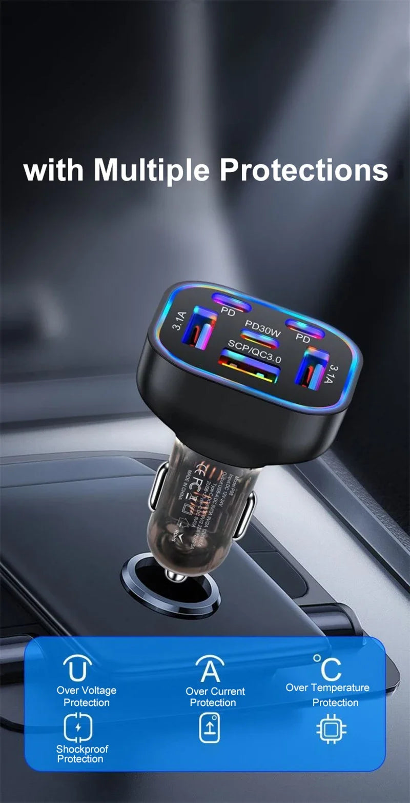 UYUXIO 6 in 1 USB C Car Charger Adapter PD 30W Multi Ports Super Fast Charge for iPhone 16 15 14 Pro Max iPad Samsung Phone