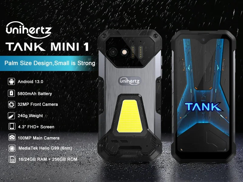 Unihertz 8849 Tank Mini Rugged Smartphone 4.3 Inch Display Android 13 5800mAh 24GB 256GB Helio G99 Octa Core 100MP Cameras IP68