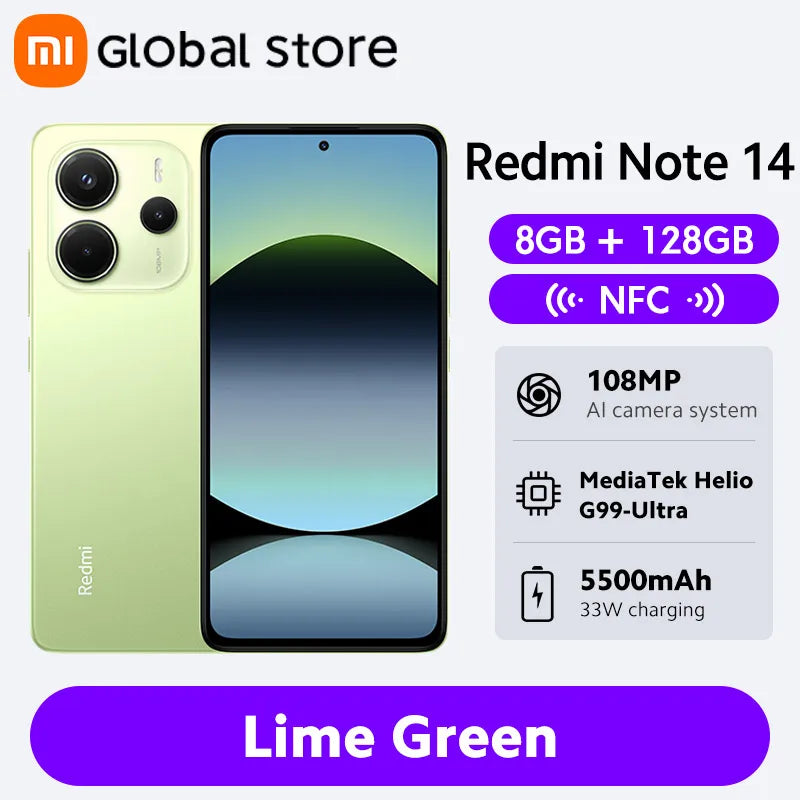 New Global Version Xiaomi Redmi Note 14 Smartphone 128GB / 256GB ROM MediaTek Helio G99-Ultra 33W120Hz AMOLED 108MP 5500mAh