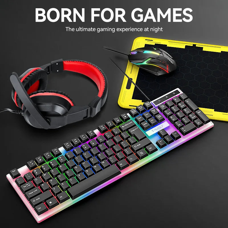 wired Keyboard and Mouse Set, Keyboard and Mouse Earphones, Mouse Pad, Four Piece Set, Luminous Game Set