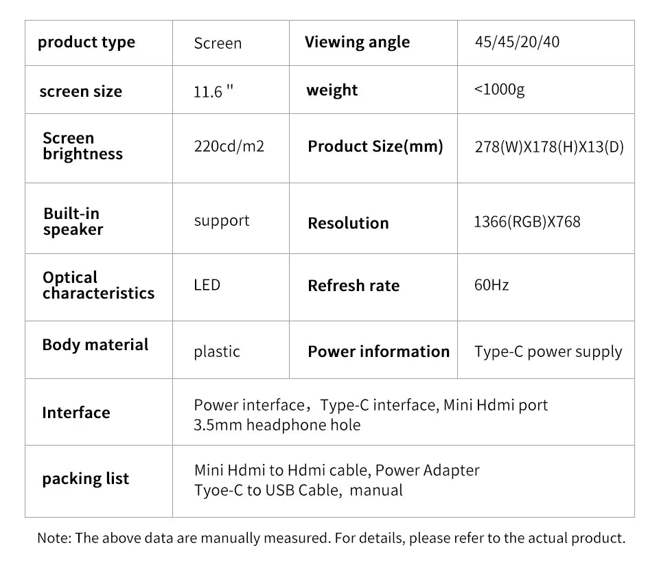 11.6 Inch Portable Monitor HDMI-Compatible Laptop second screen Gaming Extended Display For Switch/PS4/Xbox/Raspberry Pi