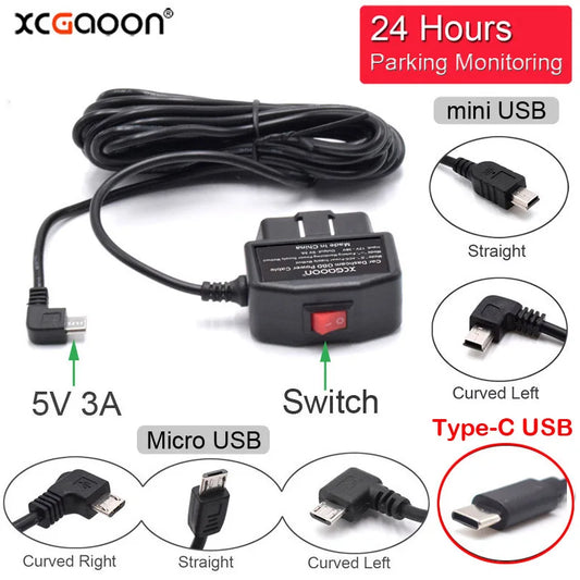 24Hours Mini Mico USB Ports 5V 3A Car Charge Cable OBD Hardwire Cord 3.5Meters With Switch For Dash Cam Camcorder Vehicle DVR