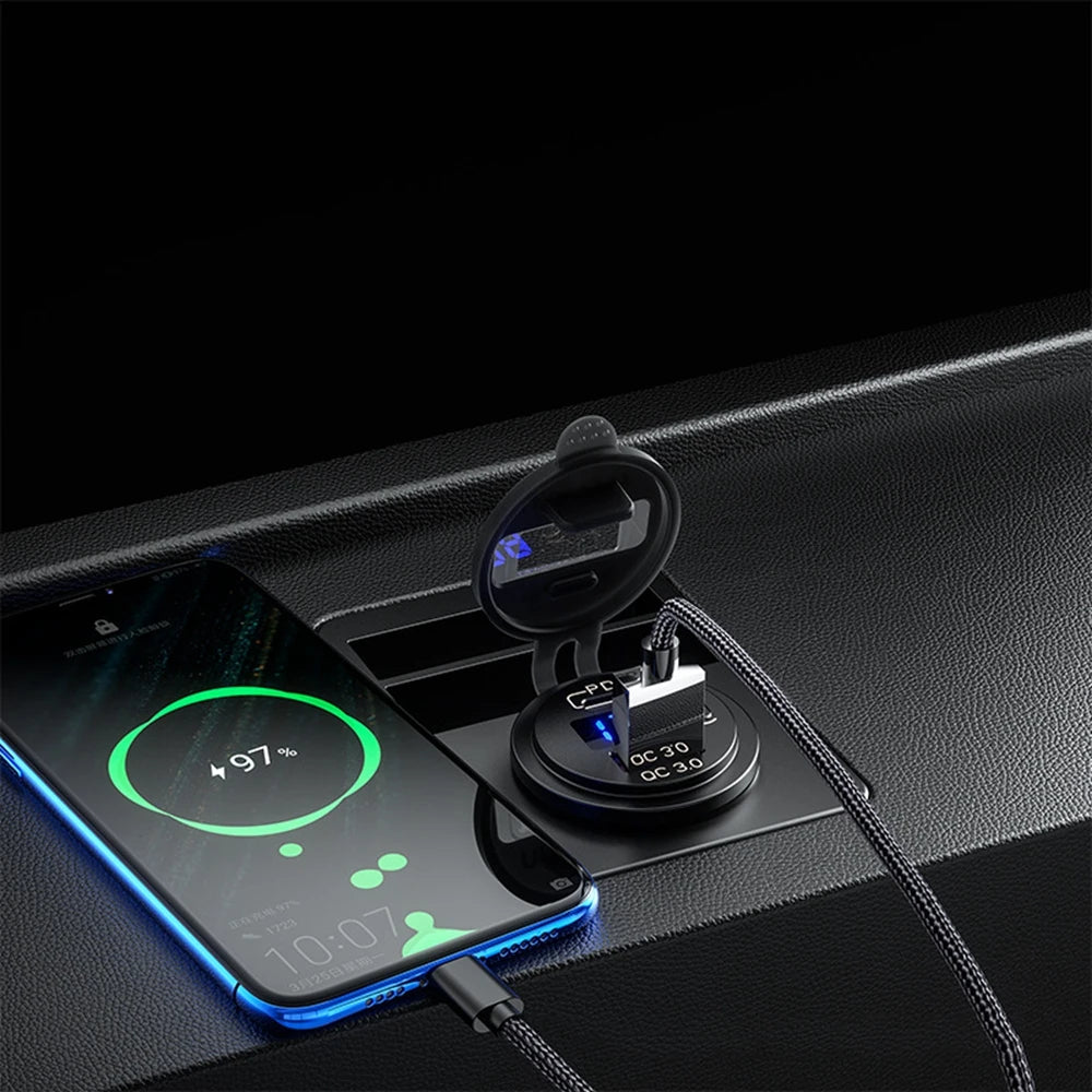 60W PD Type C/QC 3.0 USB Charger with button Switch LED Voltmeter Power Outlet Fast Charging for 12V 24V Car Truck Motorcycle RV