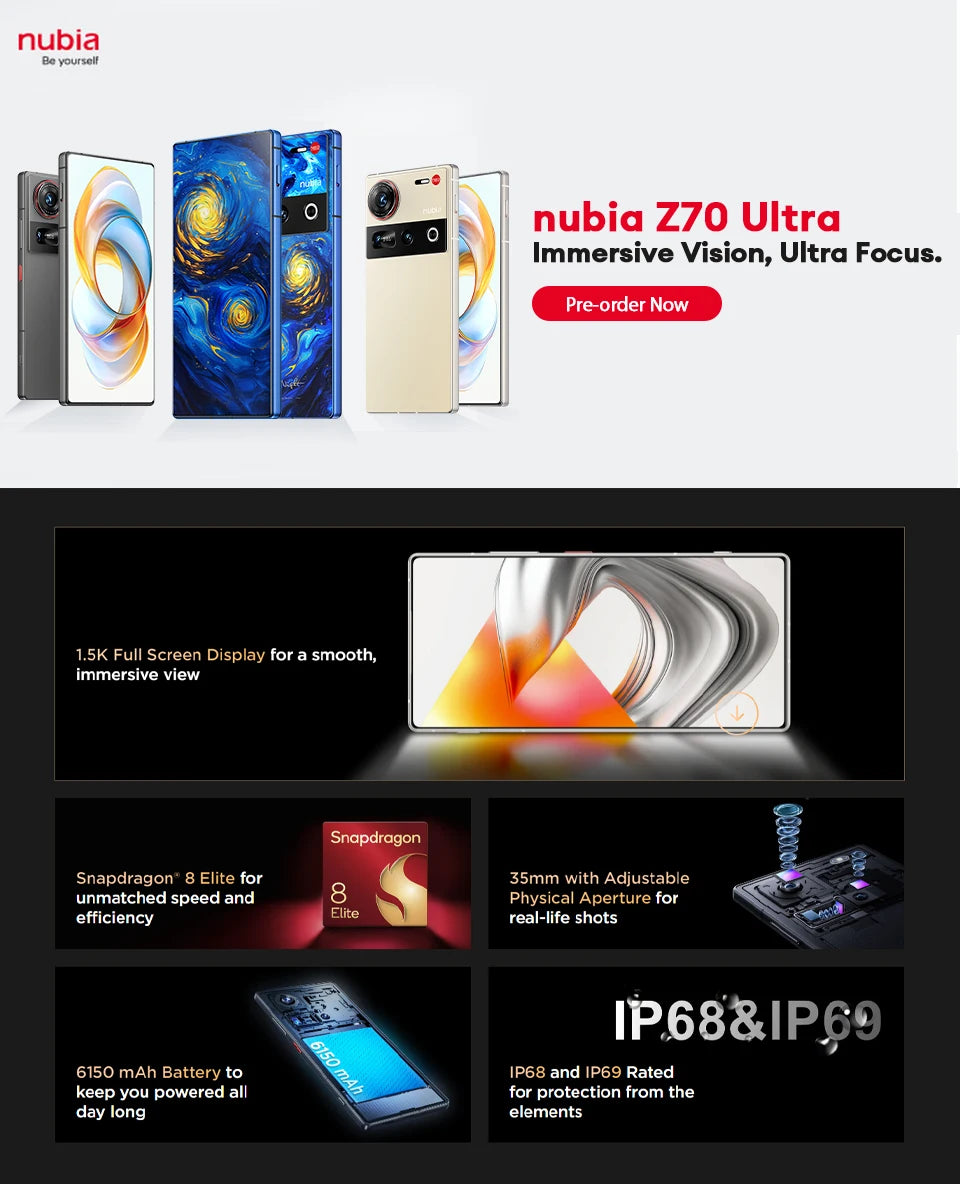 New Original Global Version Nubia Z70 Ultra NX733J Snapdragon 8 Elite 1.5K HD Display 35mm Lens IP69 NFC NUBIA