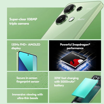 Global Version Xiaomi Redmi Note 13 4G Smartphone 108MP Triple Camera 120Hz AMOLED 33W Fast Charging Snapdragon 685 Octa Core