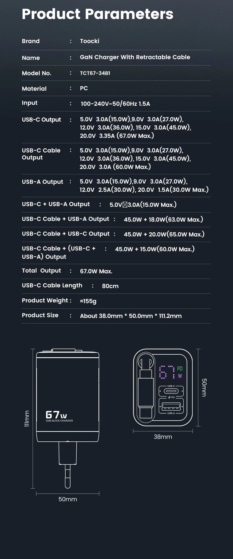 Toocki 67W GaN USB C Charger With Retractable Type C Cable Digital Dsiplay Fast Charger for iPhone 16 15 Samsung S23 S22 Laptop