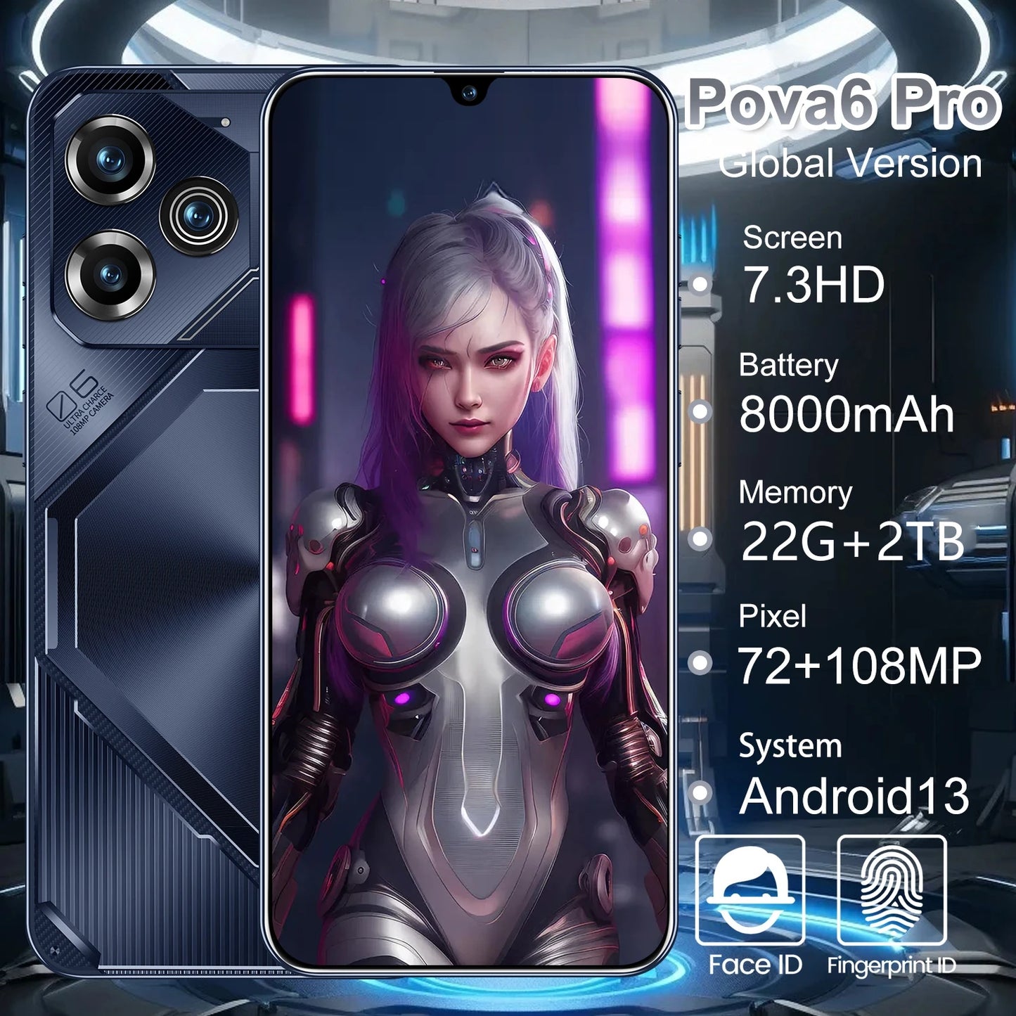 Global Version Pova 6 Pro Smartphone 22GB+2TB 7.3 inch 8000mAh 4G 5G Dual SIM Cellphone 108MP Cam 10 Core Chip Super Game Phones