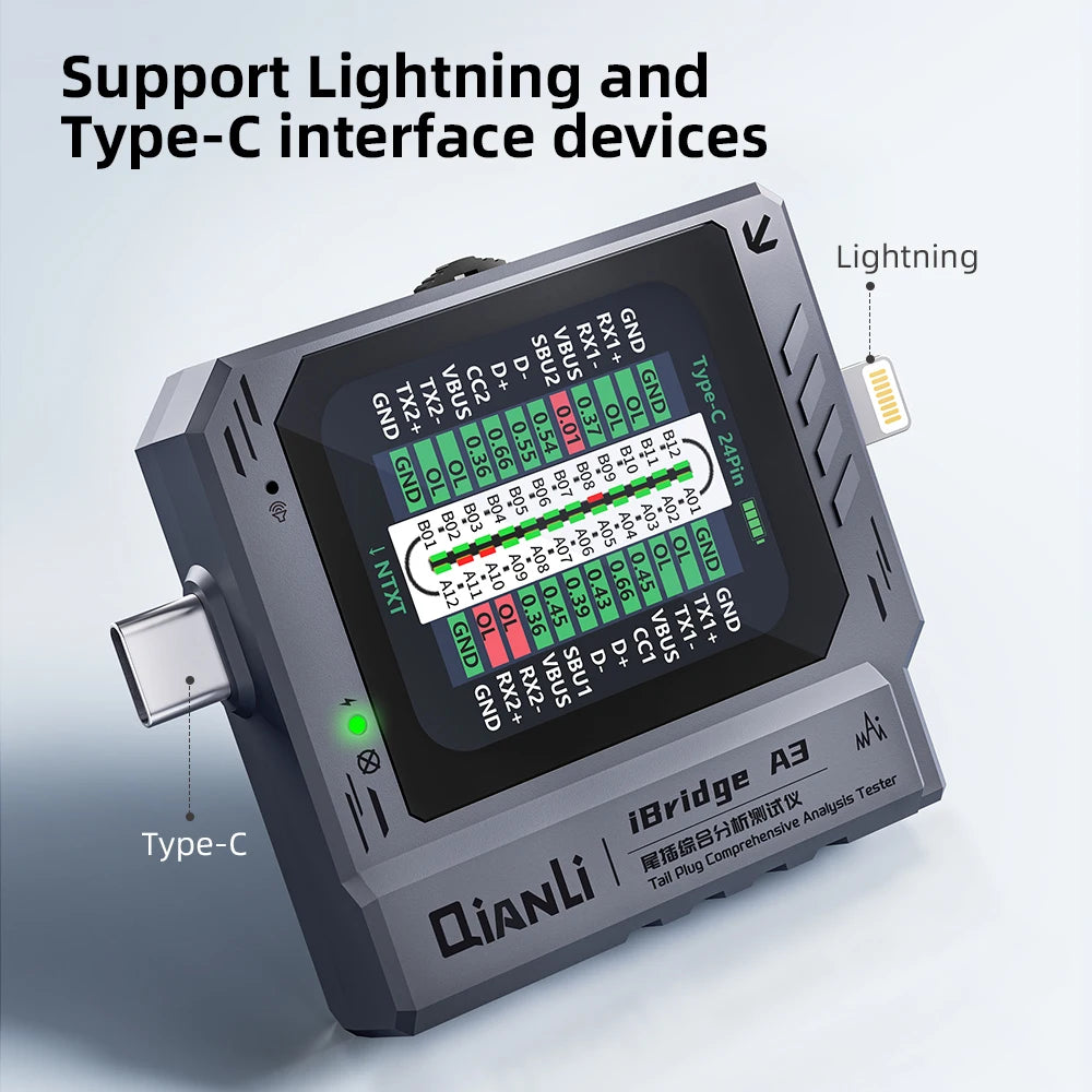 Qianli iBridge A3 Tail Plug Tester Lightning and Type-C Interface Auto Scan for Mobile Phone Tail Plug Comprehensive Analysis