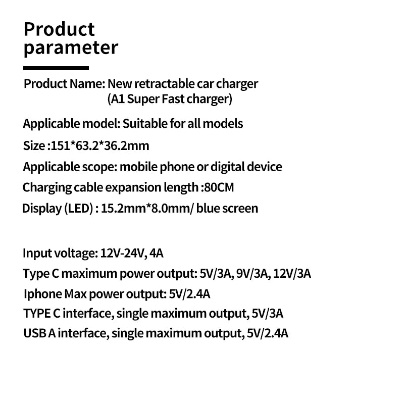 120W Car Charger, 4-in-1 Retractable Cigarette Lighter Adapter with USB Type C Fast Charging Cable for iPhone & Android Devices