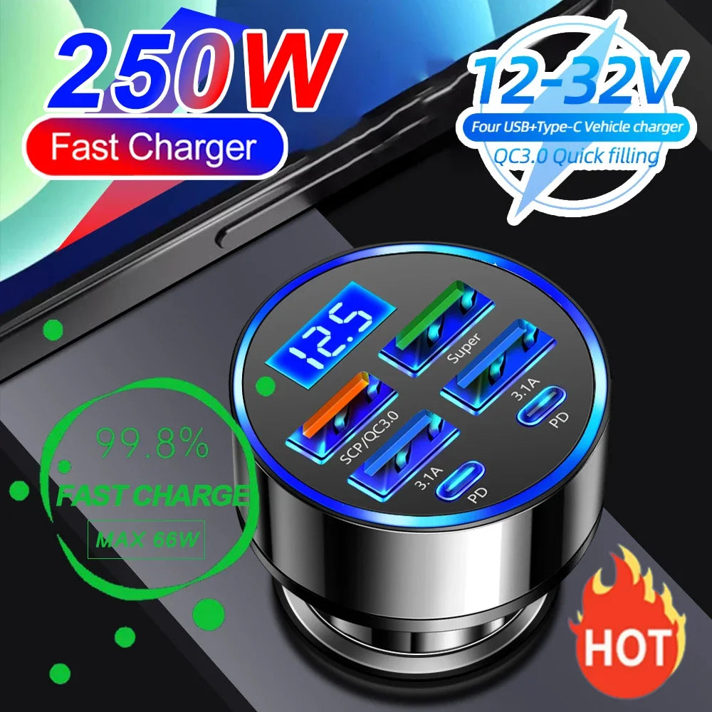 250W PD Car Charger QC3.0 Fast Charge 6-in-1 Car Cigarette Lighter Plug 5 Port Car Charger Flash Charge with Digital Display