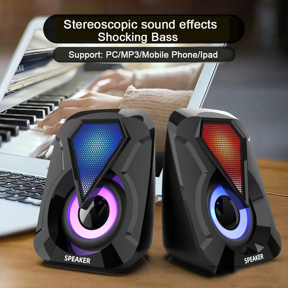 USB wired computer speaker, bass stereo speaker, color RGB light, laptop, smartphone, MP3 player